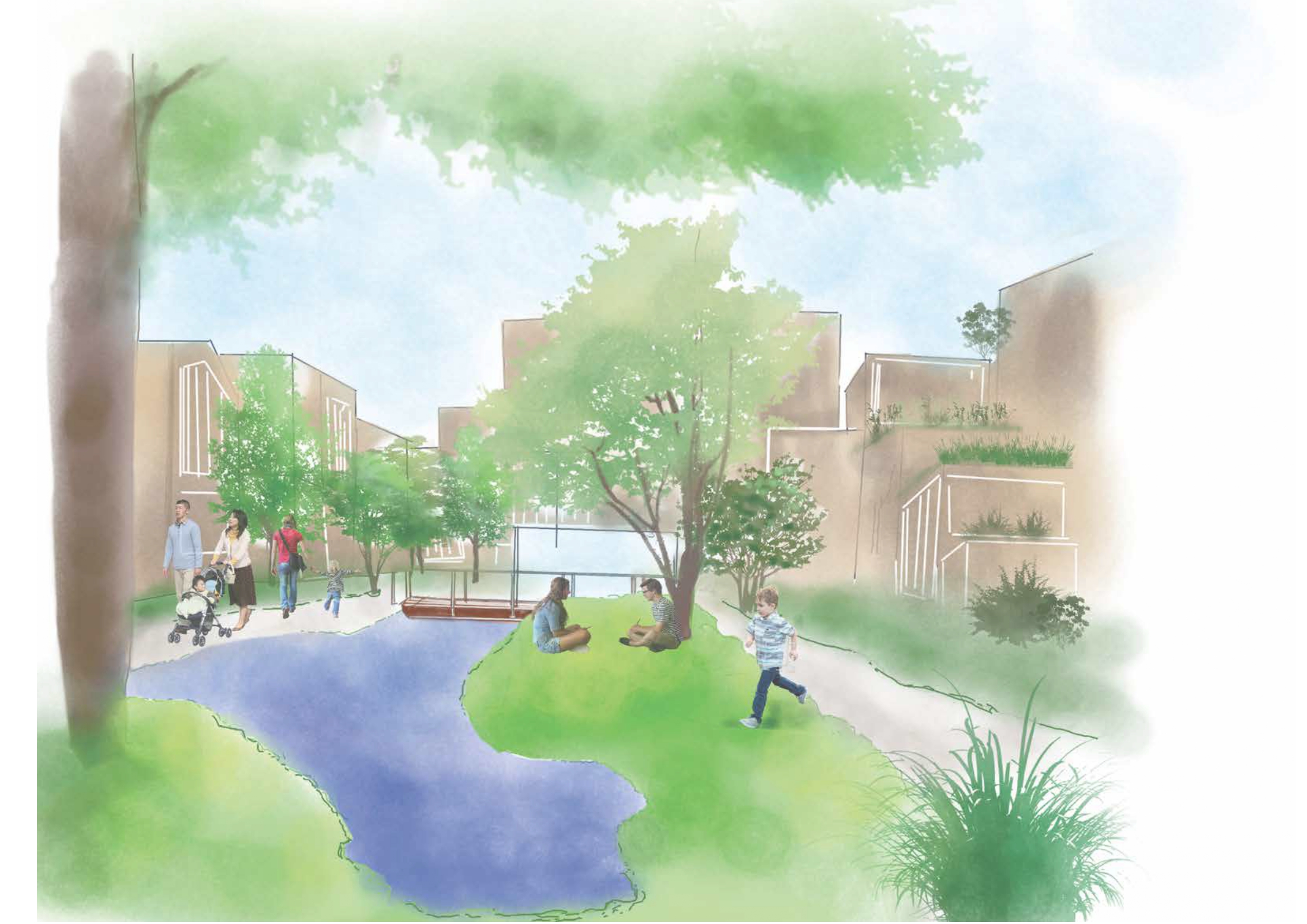 Design vision sketch — families, children and residents sharing the courtyard